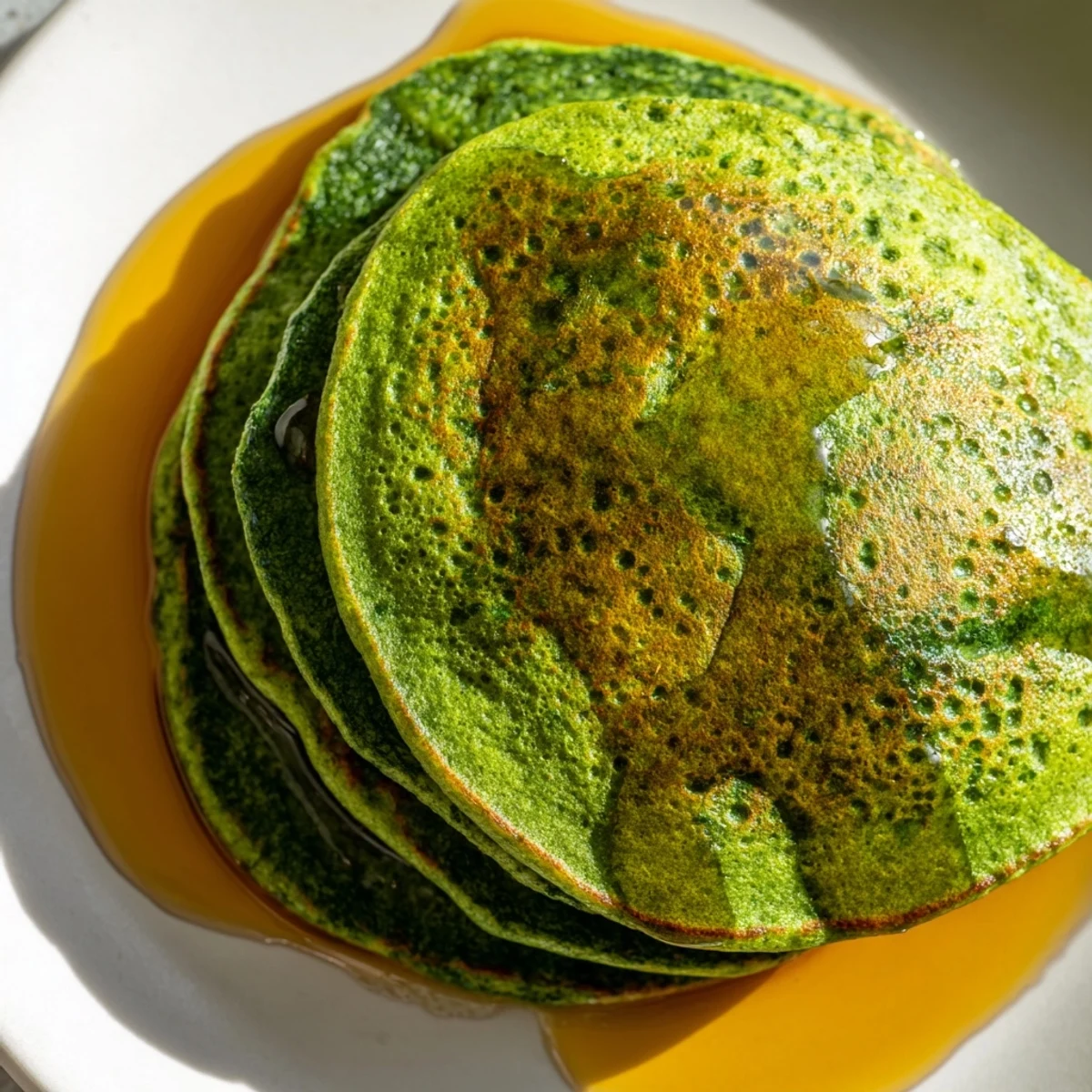 Vibrant homemade spinach pancakes cooking on a griddle, bubbling with golden edges and a fresh, wholesome aroma.