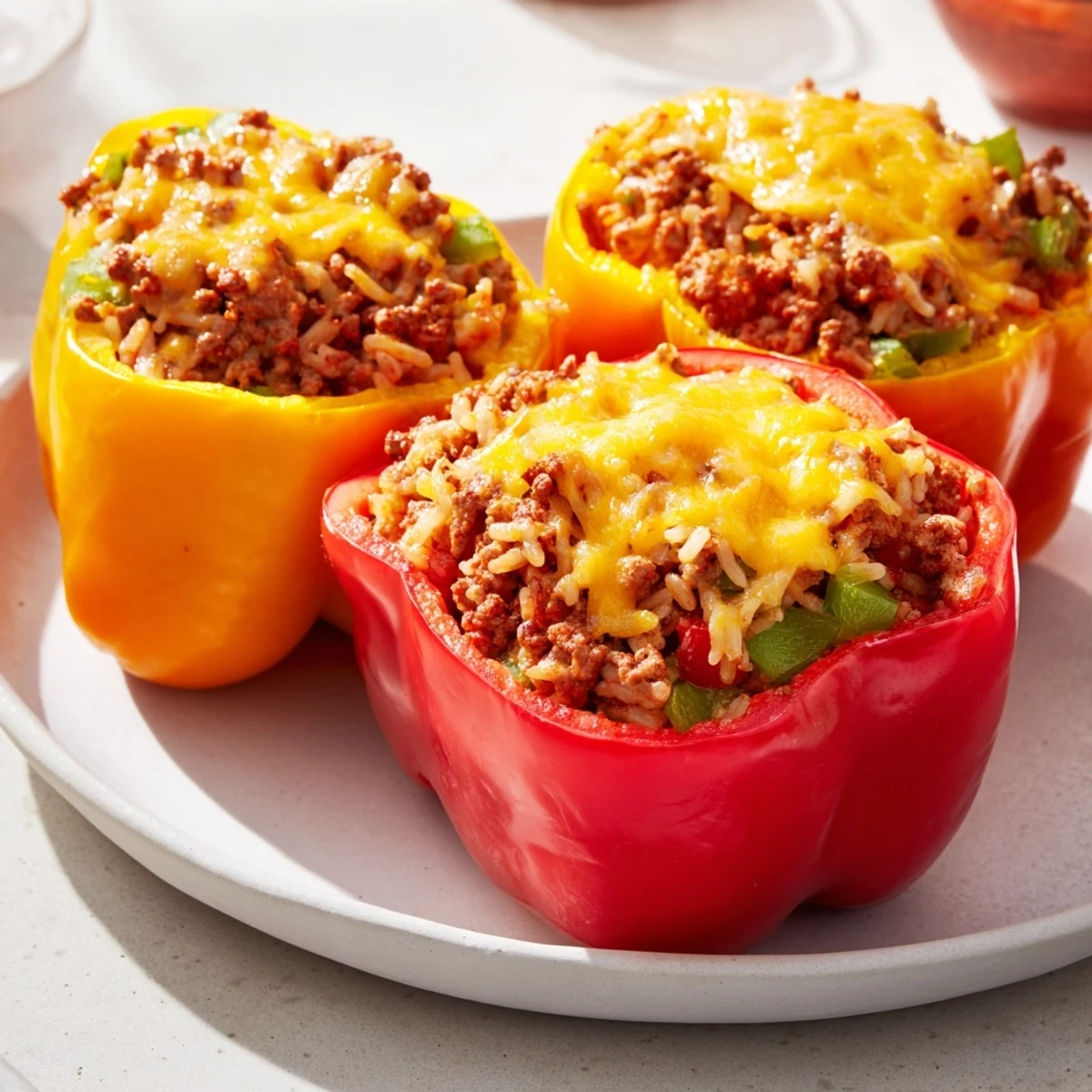 A top-down view of Creole Stuffed Peppers with Rice and Beef, baked with melted cheddar and garnished with fresh parsley.