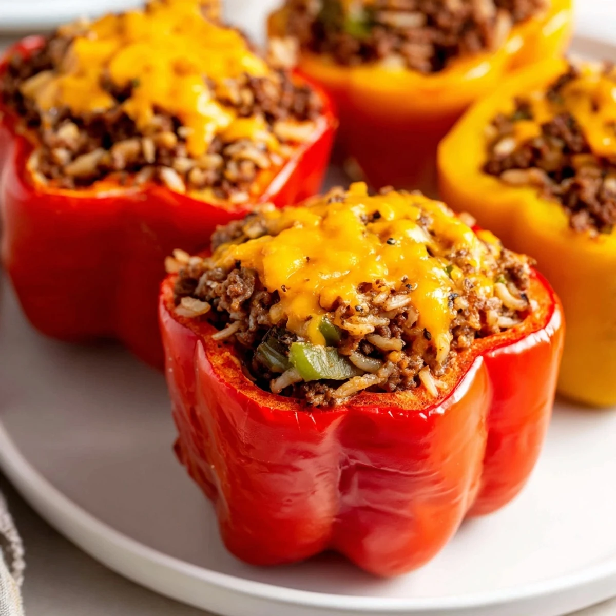 Four colorful bell peppers stuffed with Creole Stuffed Peppers with Rice and Beef, served warm beside a crisp side salad.