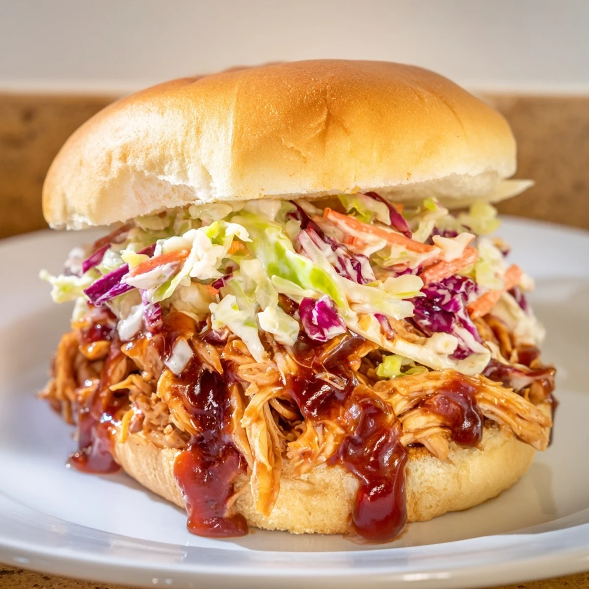 Golden-brown toasted buns cradle tender pulled chicken sandwiches with slaw, topped with crunchy, vibrant coleslaw.