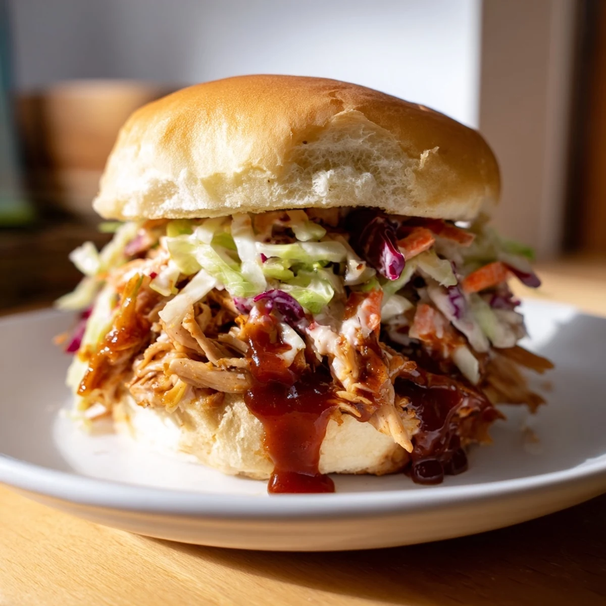 A close-up of saucy pulled chicken sandwiches with slaw piled high on soft buns, garnished with fresh slaw and parsley.
