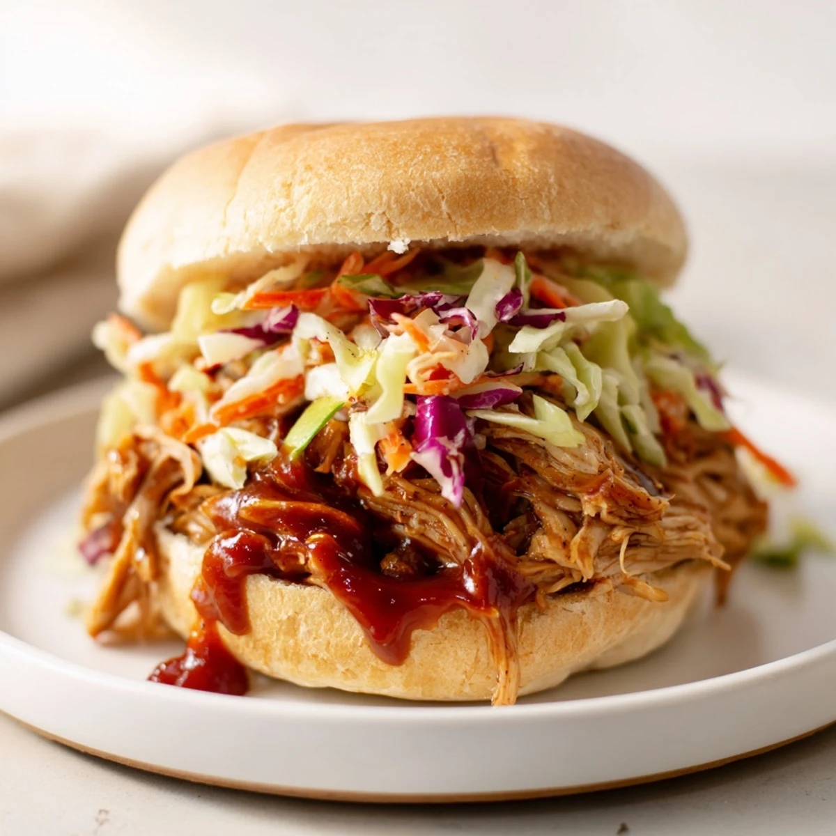 Savory pulled chicken sandwiches with slaw served on a plate, with side of sweet potato fries and a cold lager.