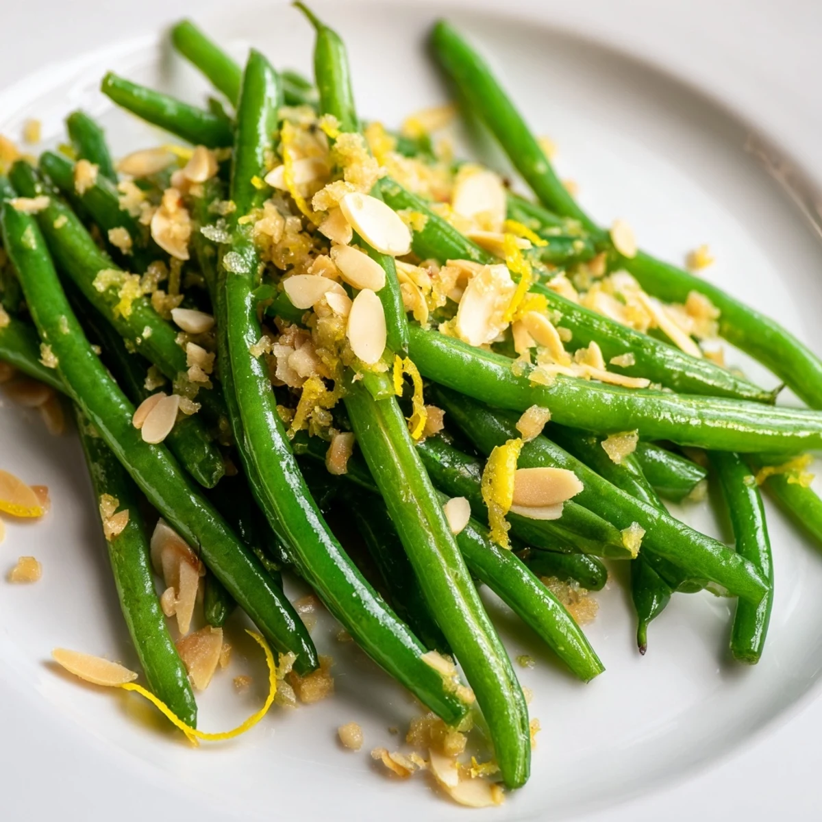 Tender green beans with lemon and toasted almonds, served hot on a white platter with a lemon wedge.