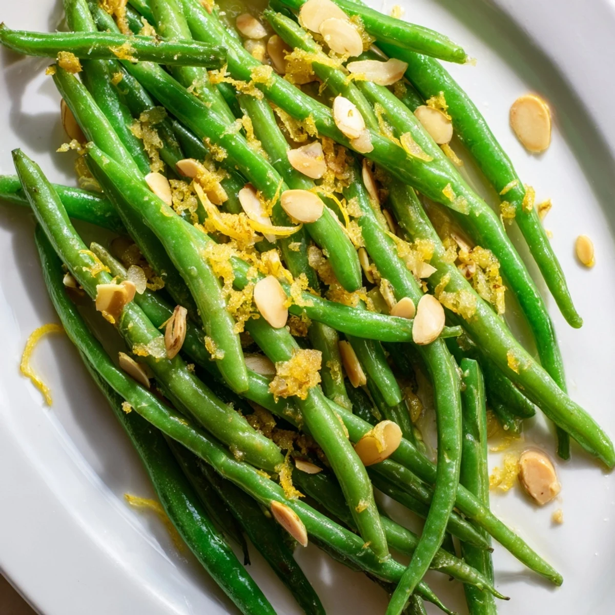 Vibrant green beans tossed with fresh lemon zest and crunchy sliced almonds, ready to serve as a side dish.
