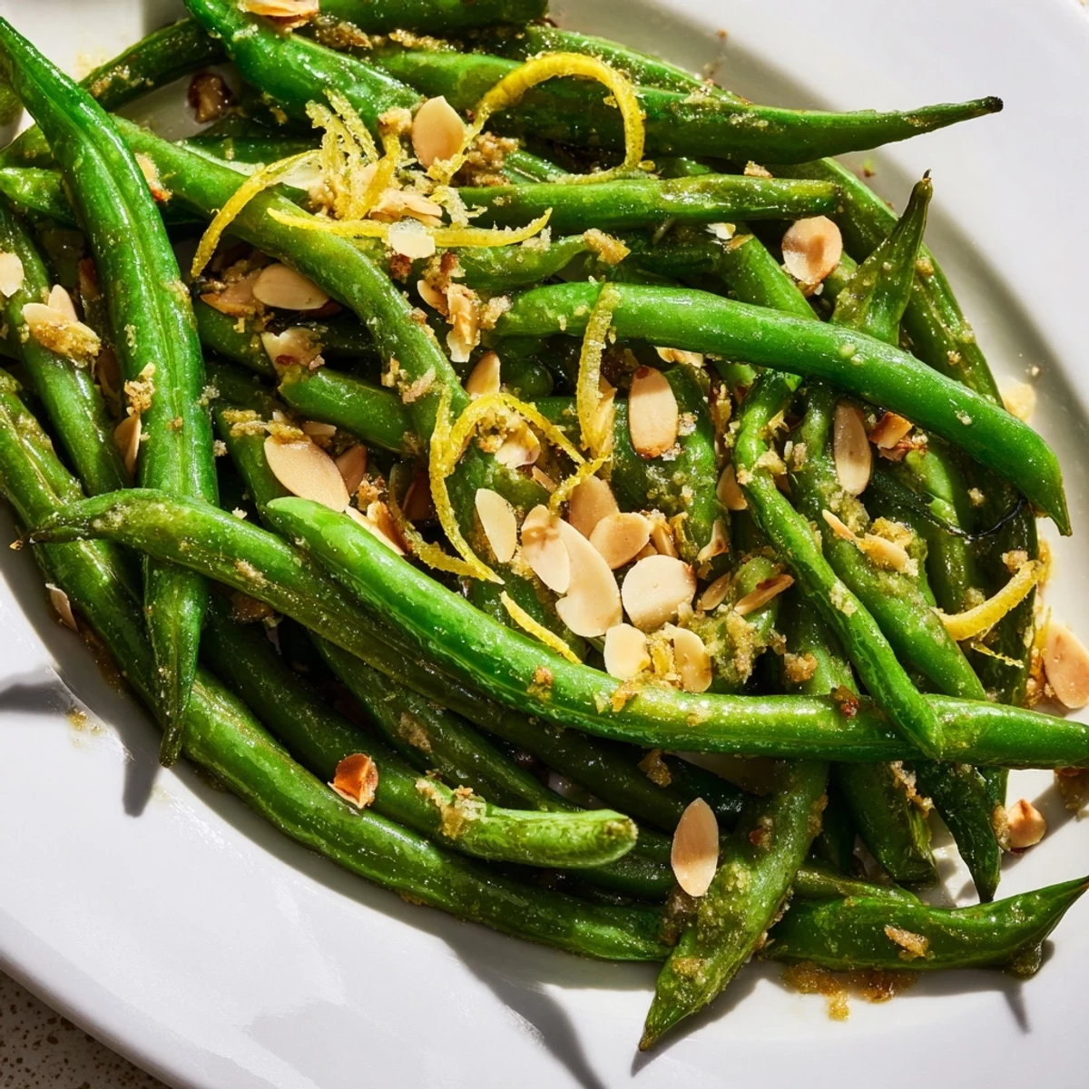 Crisp green beans with lemon and toasted almonds, garnished with fresh herbs on a rustic kitchen table.