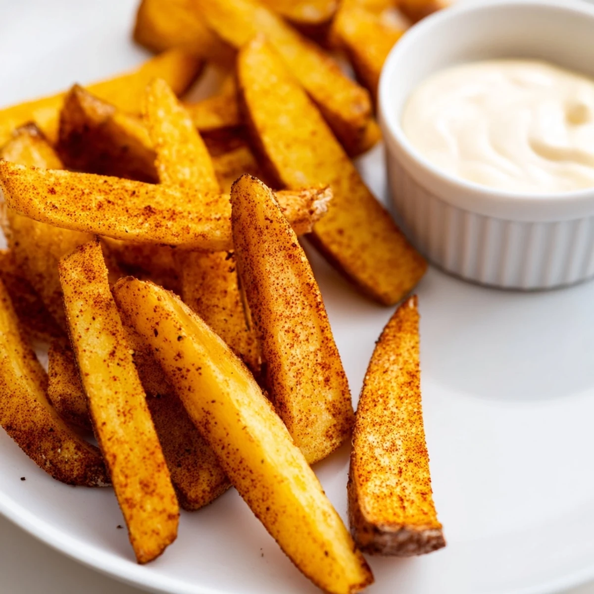 Crispy golden Cajun Spiced Fries with Remoulade Dip on a wooden board, flecked with spices and fresh herbs.