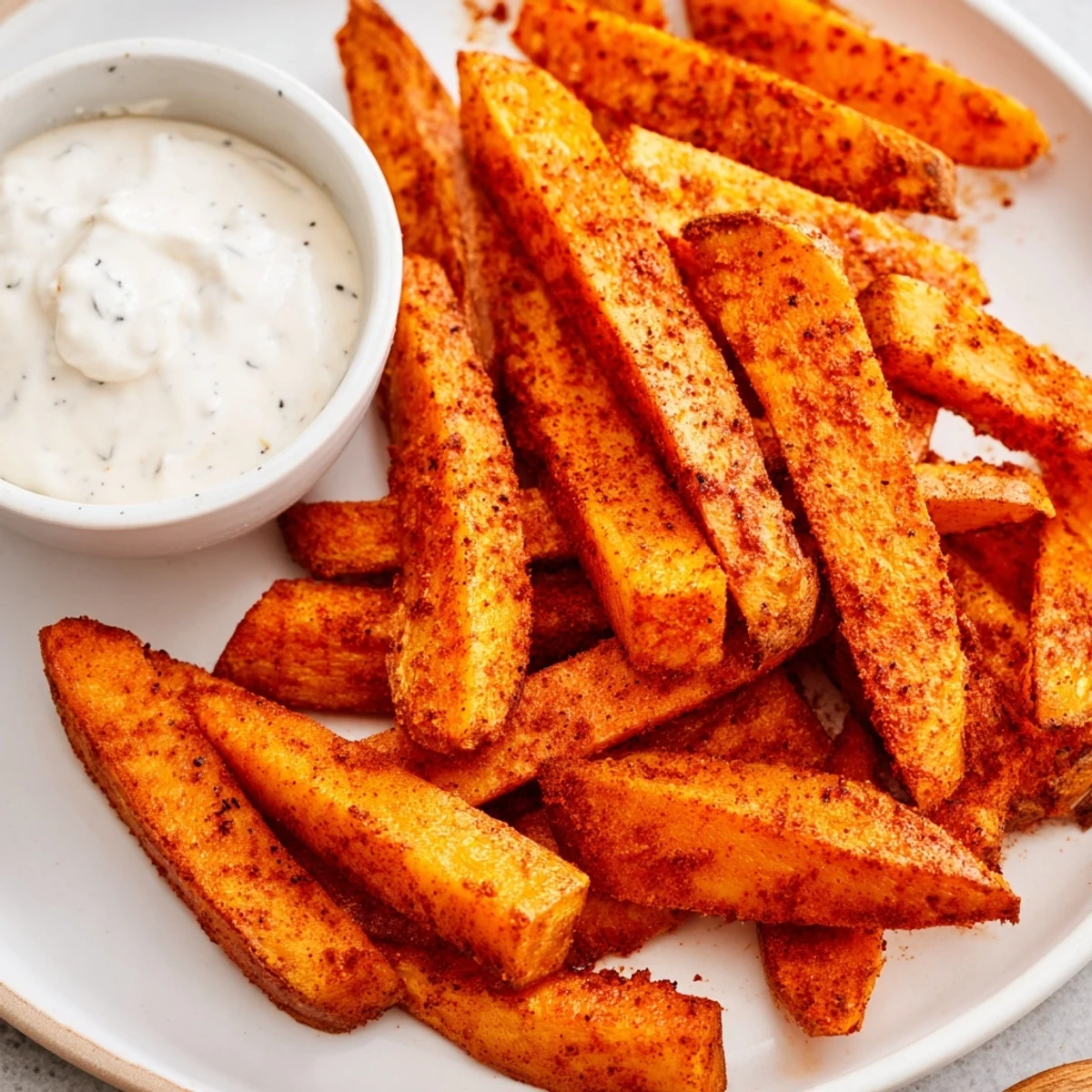Freshly baked Cajun Spiced Fries with Remoulade Dip paired with a burger on a sunny lunch table.