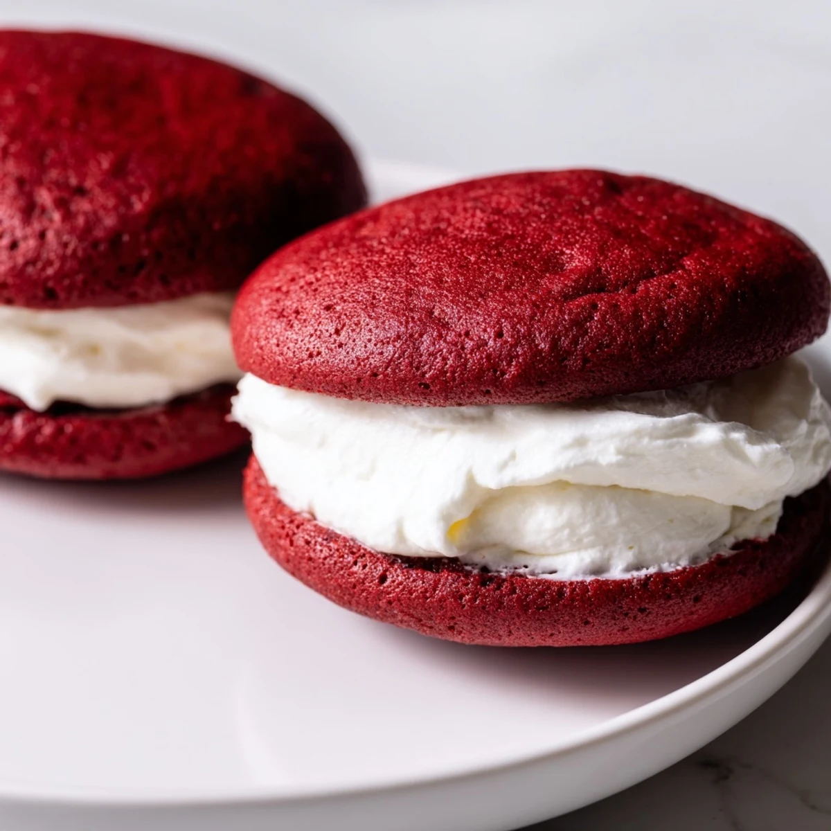 Freshly baked red velvet whoopie pies are arranged on a white plate, showing their soft cake-like texture.
