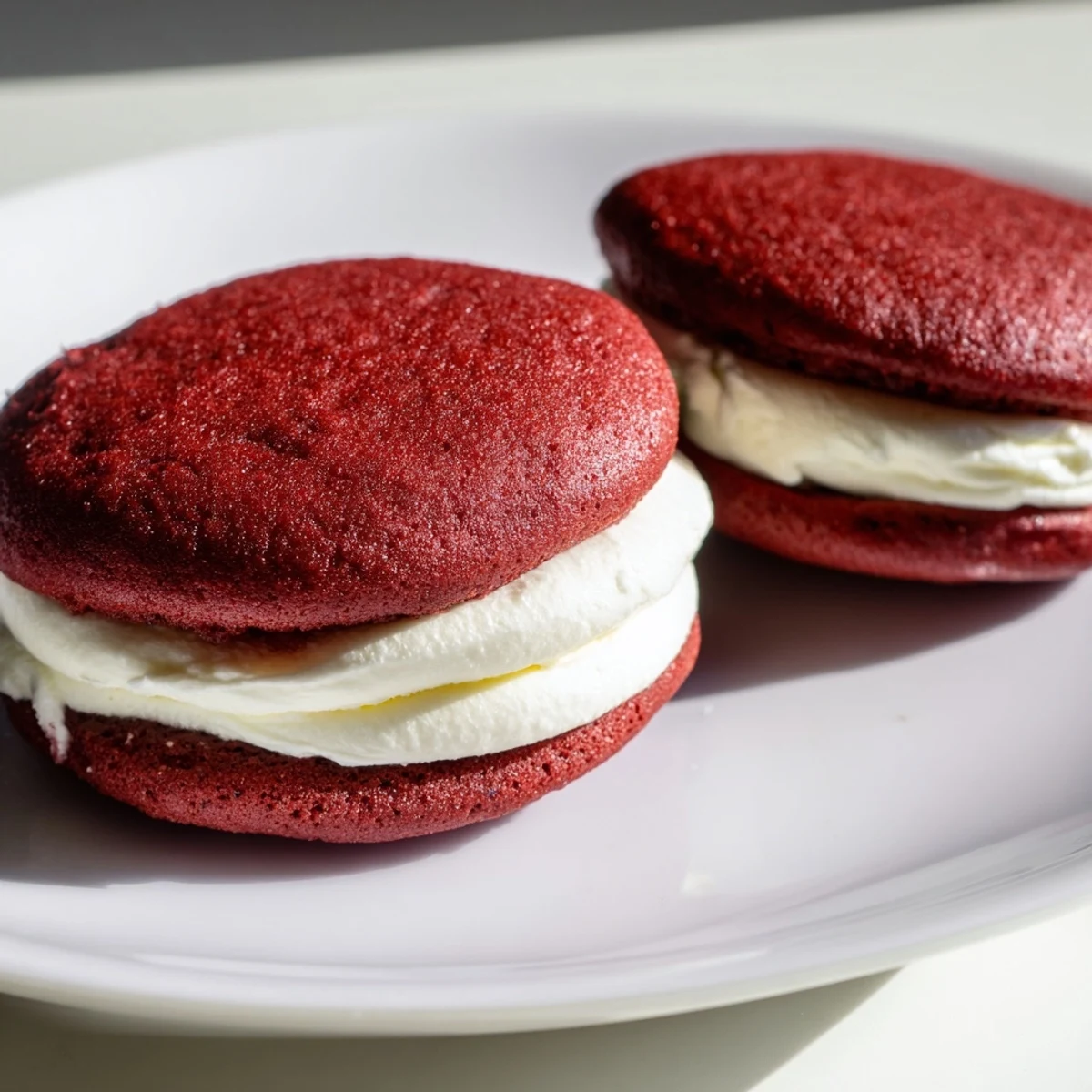 Two red velvet whoopie pies with white marshmallow filling sit on a rustic wooden board, ready to eat.