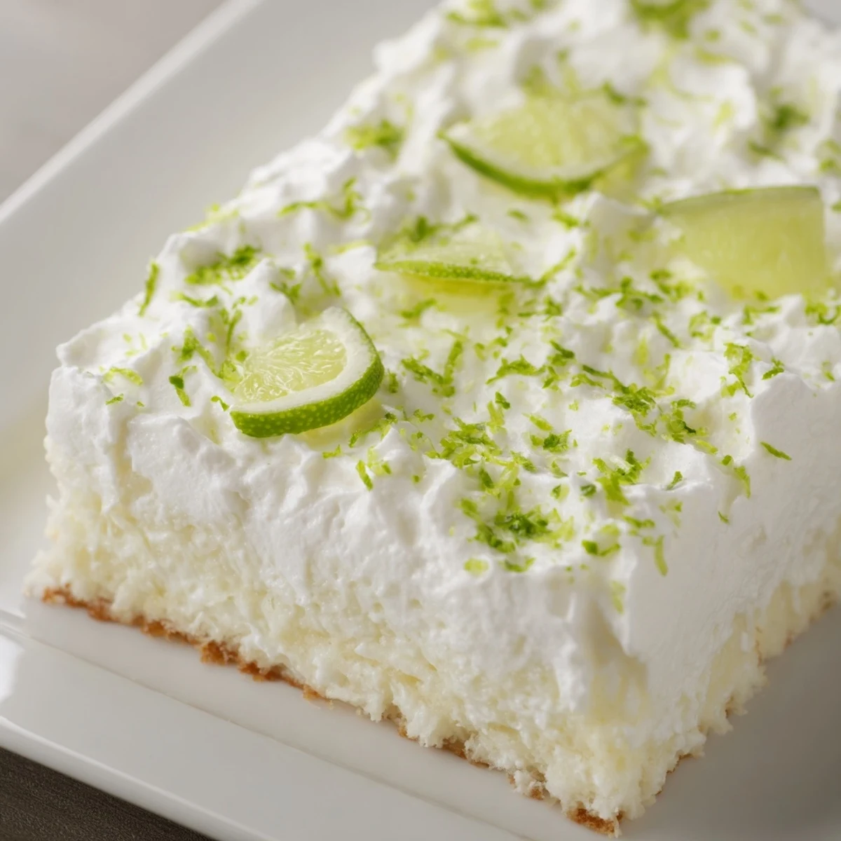 Freshly baked Lime Poke Cake with a fluffy whipped topping, garnished with vibrant lime zest and fresh slices on a white plate.