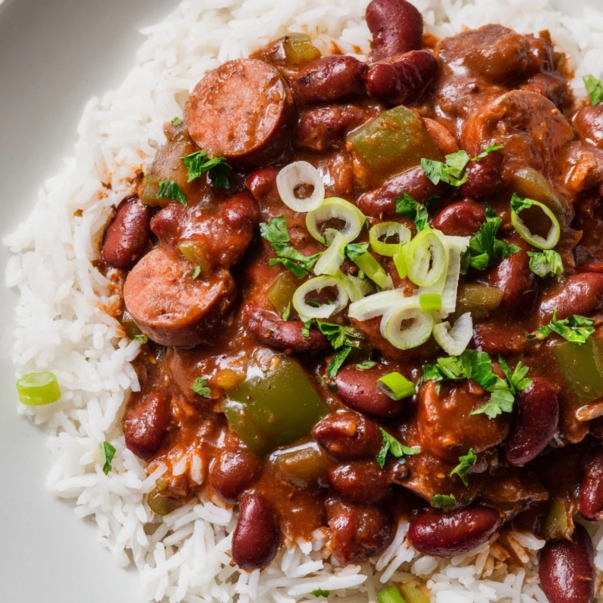 A hearty bowl of Red Beans and Rice with Beef Sausage, featuring tender beans and savory slices over fluffy white rice with fresh parsley garnish.