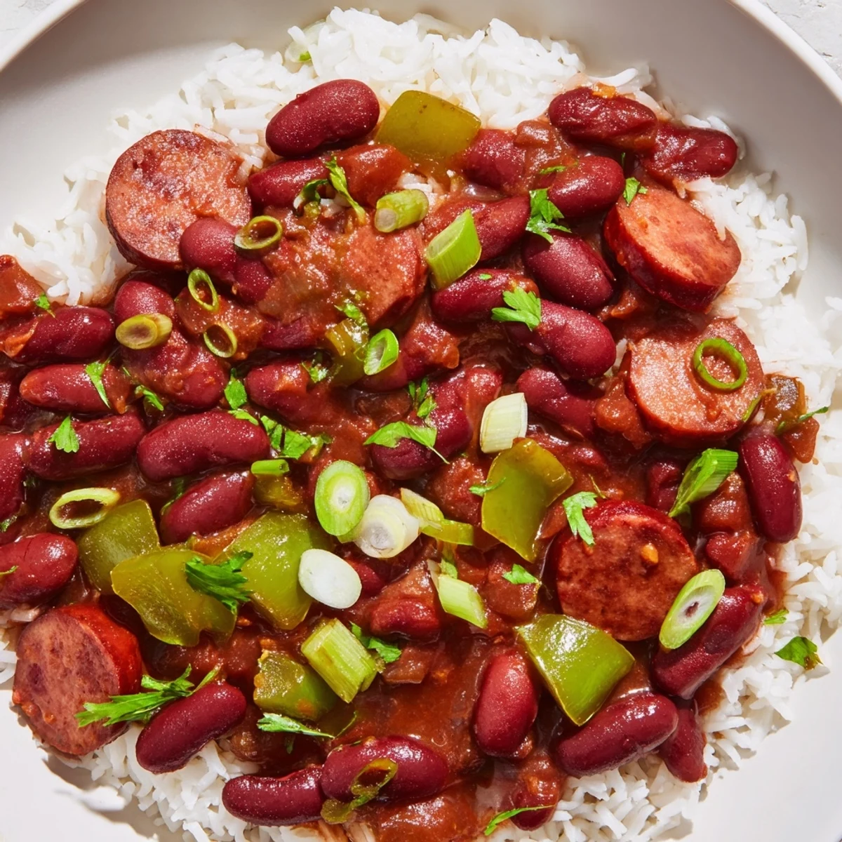Close-up of Red Beans and Rice with Beef Sausage, highlighting the rich, spicy sauce and andouille slices bubbling in a rustic Dutch oven.