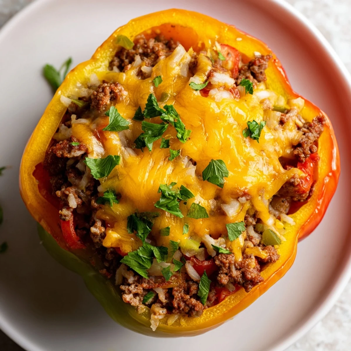Golden-brown Creole Stuffed Peppers with Rice and Beef spill from an open oven.