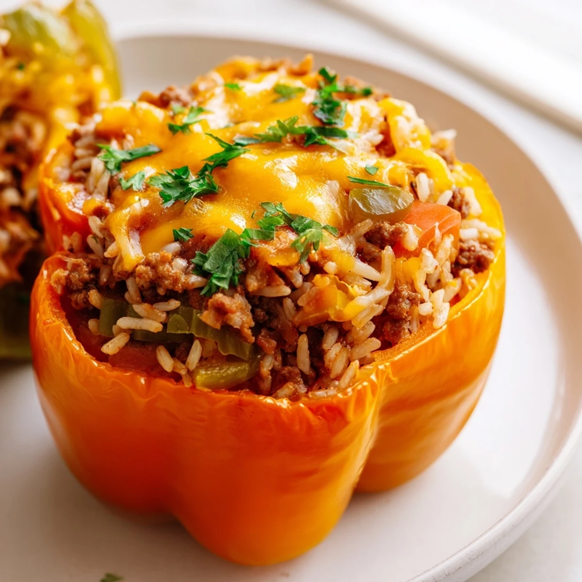 Freshly garnished Creole Stuffed Peppers with Rice and Beef show melted cheese topping.