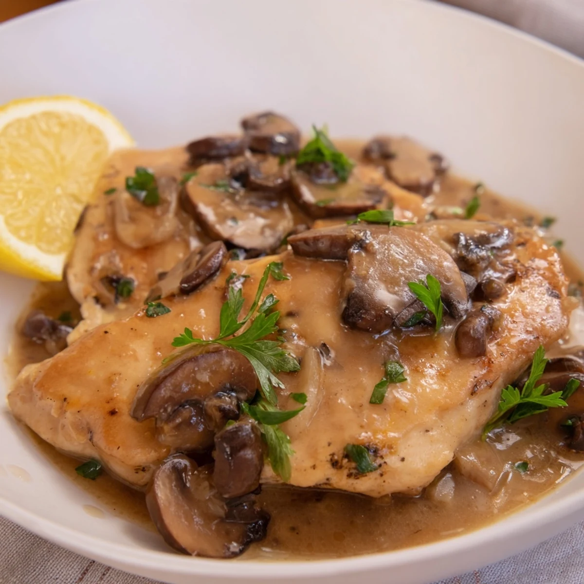 Tender chicken breasts simmered in Marsala sauce with sautéed cremini mushrooms and fresh parsley garnish.