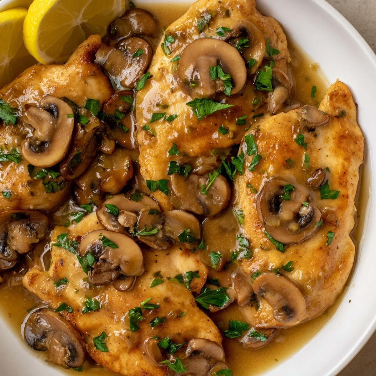 Golden-browned Chicken Marsala with mushrooms and parsley in a rich wine sauce, served over creamy mashed potatoes.