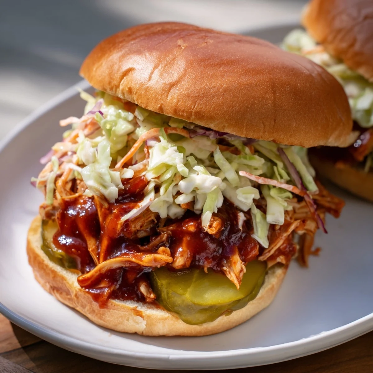 Golden toasted buns cradle saucy pulled chicken, topped with crunchy slaw and dill pickle slices.
