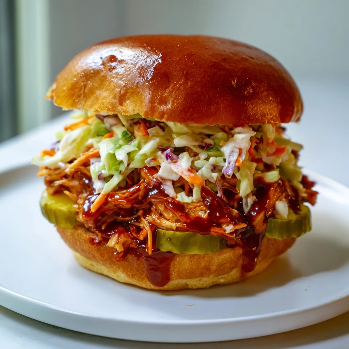 A close-up highlights juicy shredded chicken piled high on a soft brioche bun.