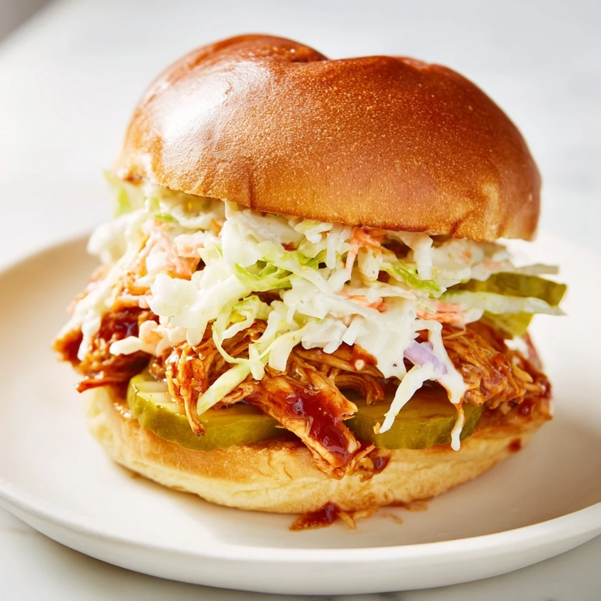 Stacked sandwich overflowing with tangy slaw and crisp pickles on a wooden cutting board.