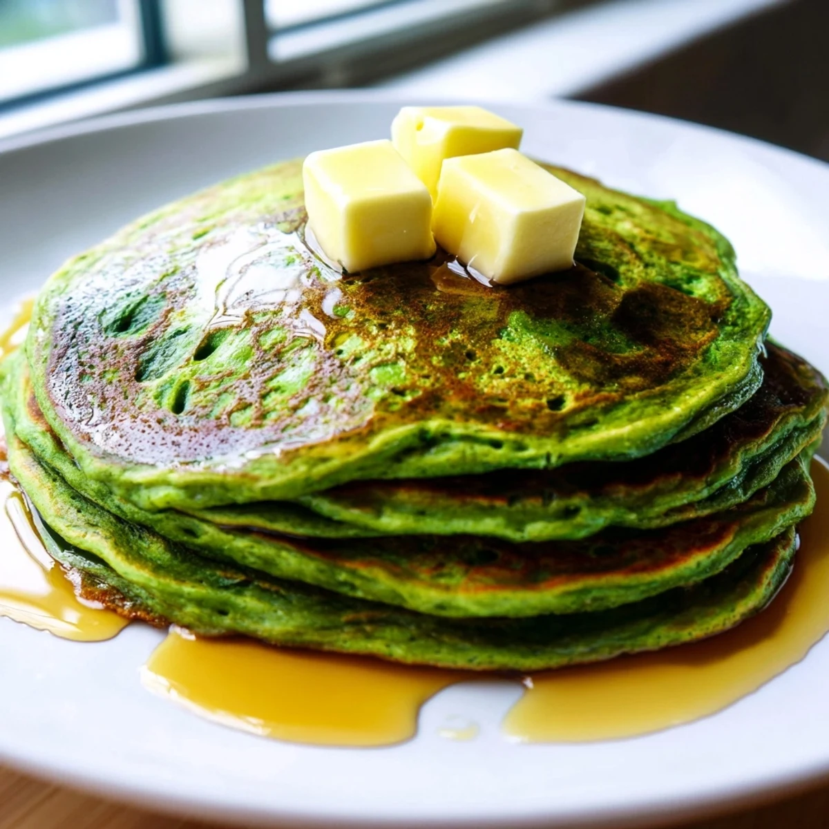 Golden-brown Green Pancakes with Maple Syrup and Butter sit stacked on a white plate, melting butter glistening on top.