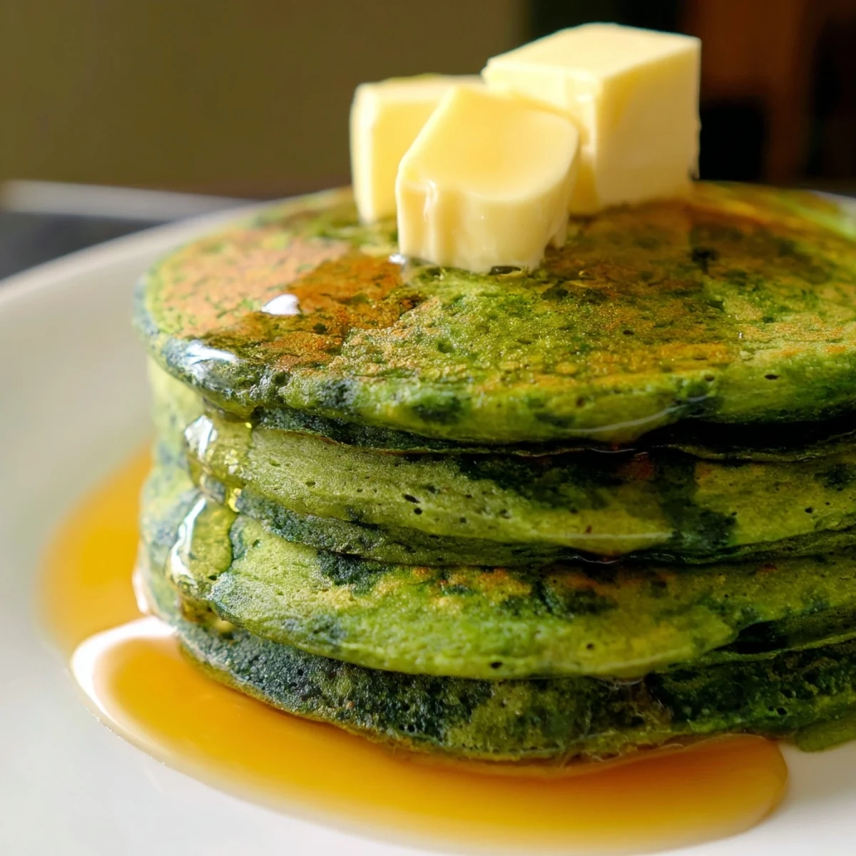 A stack of fluffy Green Pancakes with Maple Syrup and Butter, topped with a sweet drizzle and fresh berries, breakfast ready.
