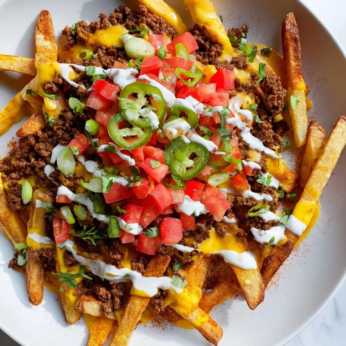 Golden-brown Loaded Nacho Fries with queso and beef are topped with diced tomatoes and jalapeños on a platter.