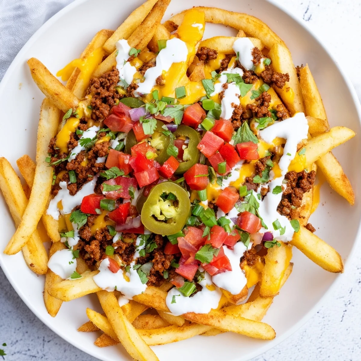 Sizzling spiced ground beef and creamy queso sauce smother a bed of crispy Loaded Nacho Fries for game day.