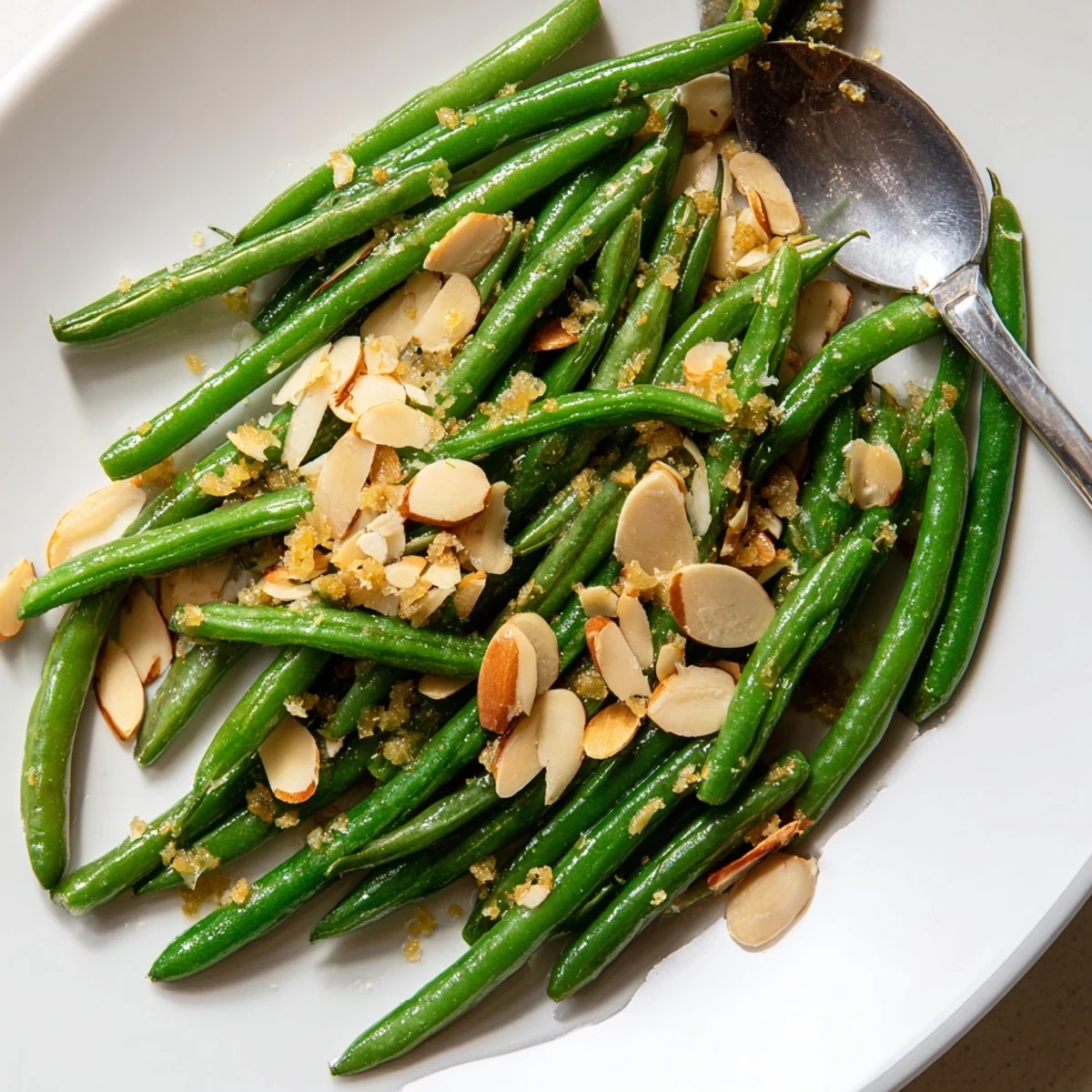 Green Beans with Lemon and Toasted Almonds served warm as a bright side dish