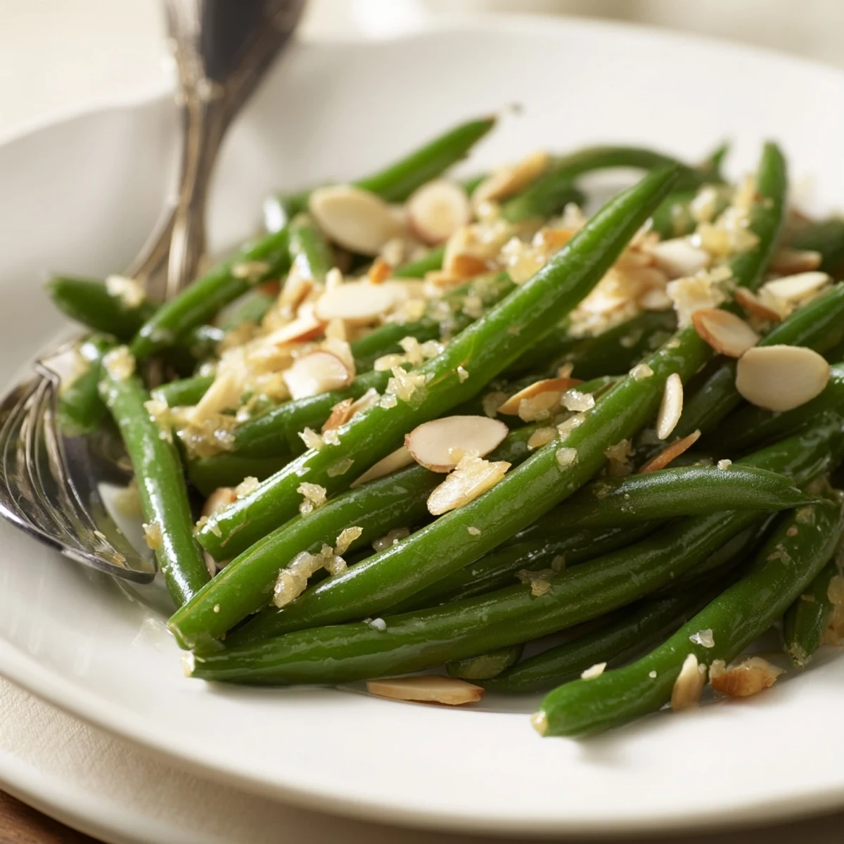 Tender green beans with Lemon and Toasted Almonds sautéed with garlic and butter