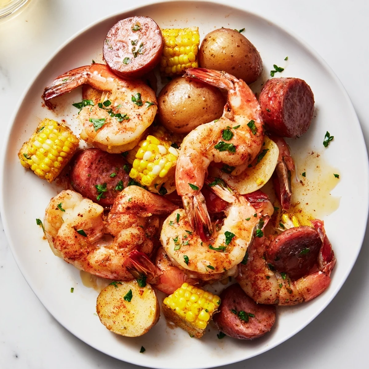 Hearty Cajun Shrimp Boil with corn and potatoes, sausage, and shrimp drizzled with melted butter and parsley.  