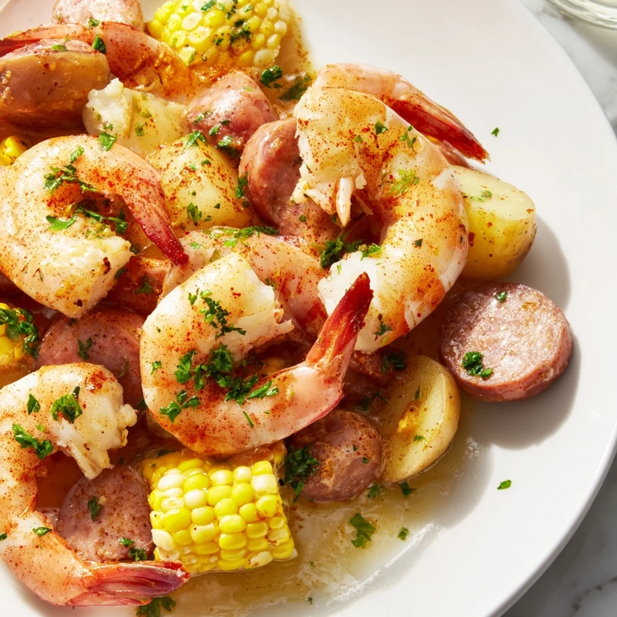 Sizzling Cajun Shrimp Boil with corn and potatoes, served on a platter with lemon wedges and fresh herbs.