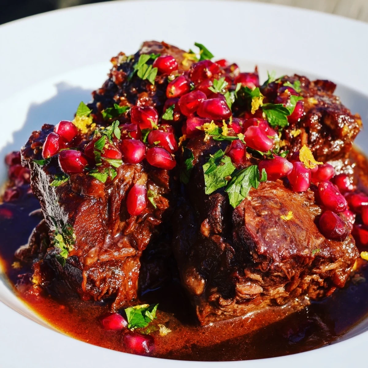 Festive Braised Lamb Shoulder with Pomegranate glistens with ruby seeds and fresh parsley beside a golden, fall-apart roast.