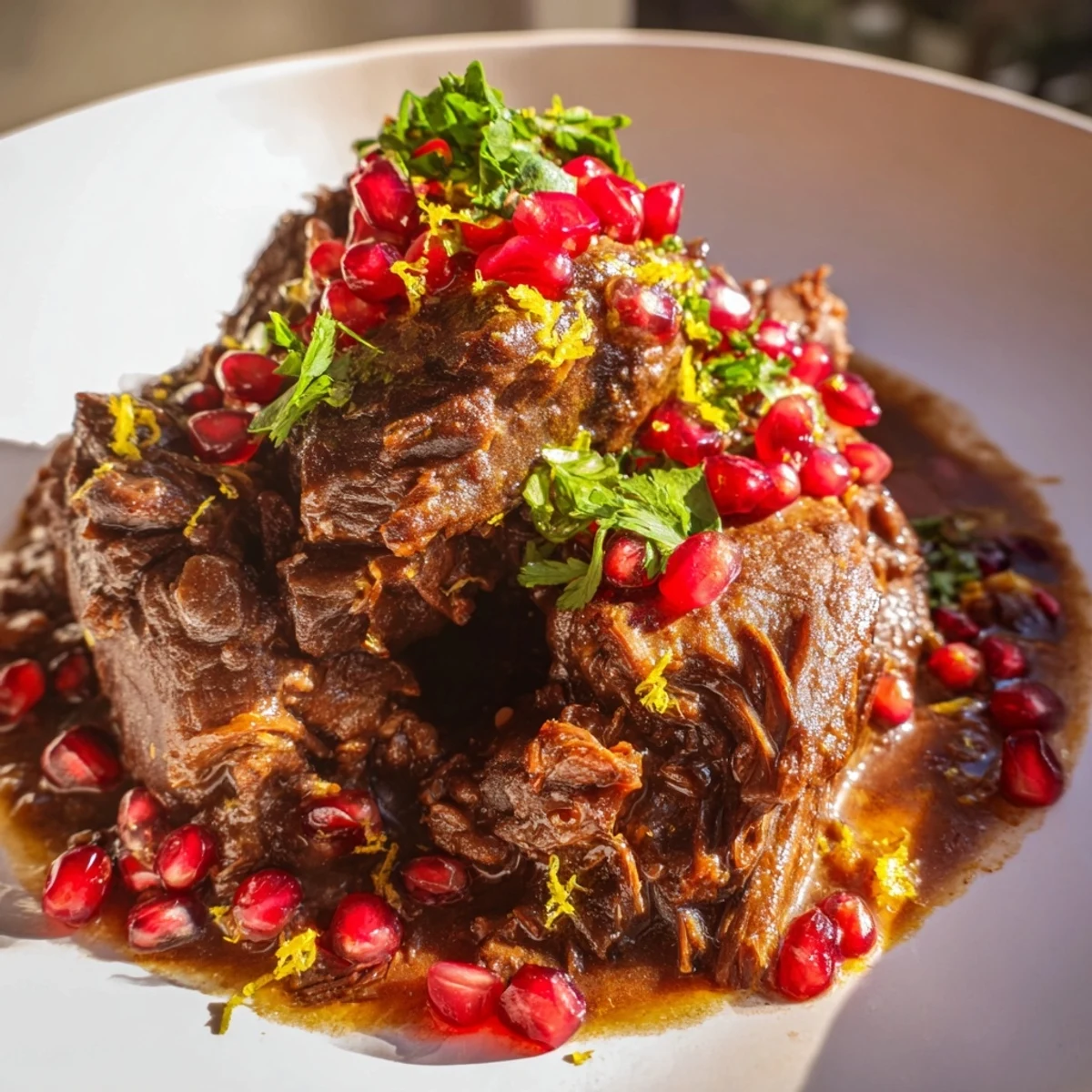 A rustic Dutch oven holds tender Braised Lamb Shoulder with Pomegranate, garnished with lemon zest and pomegranate seeds for a juicy finish.