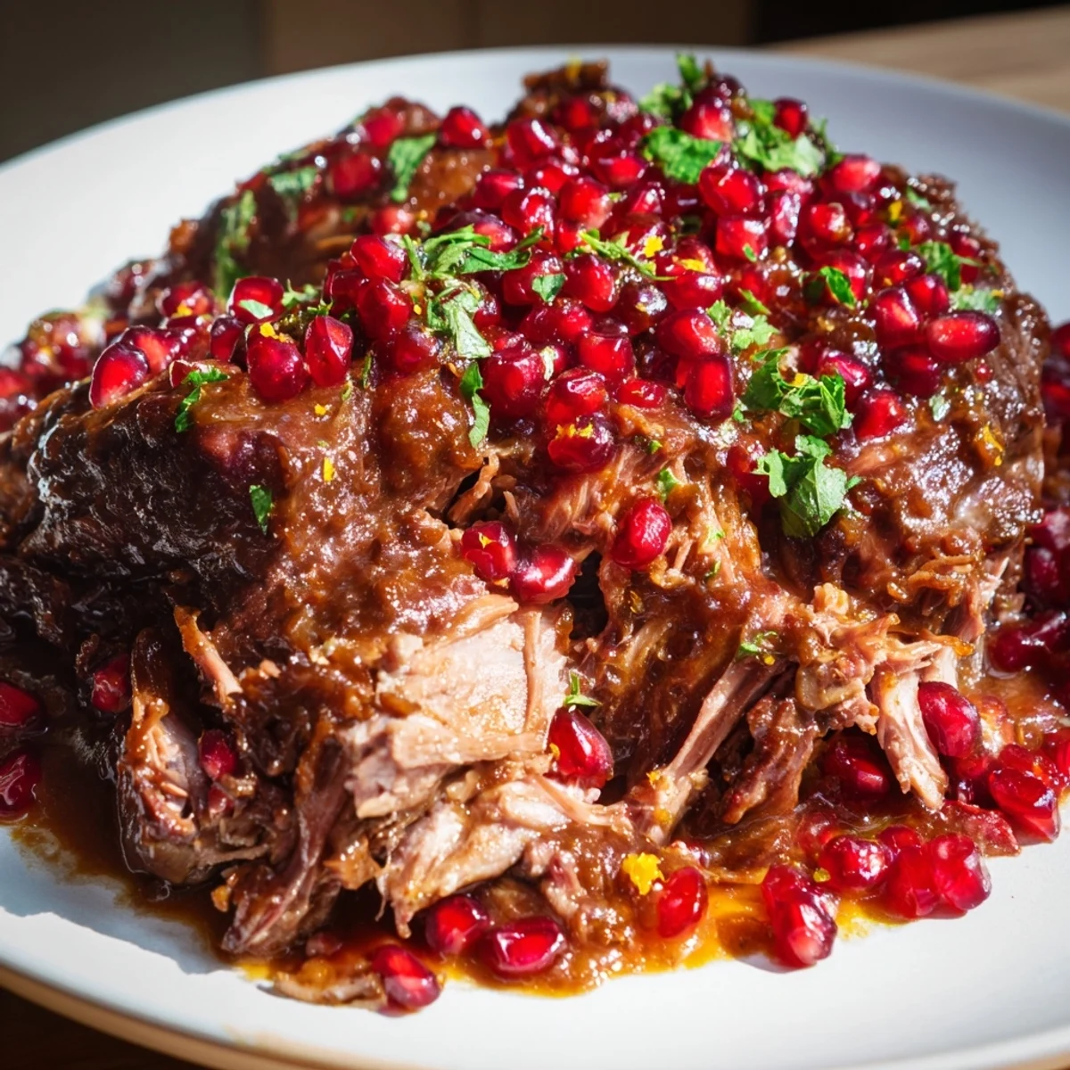 Savory Braised Lamb Shoulder with Pomegranate steams on a plate, flanked by roasted carrots and a drizzle of glossy, tart sauce.