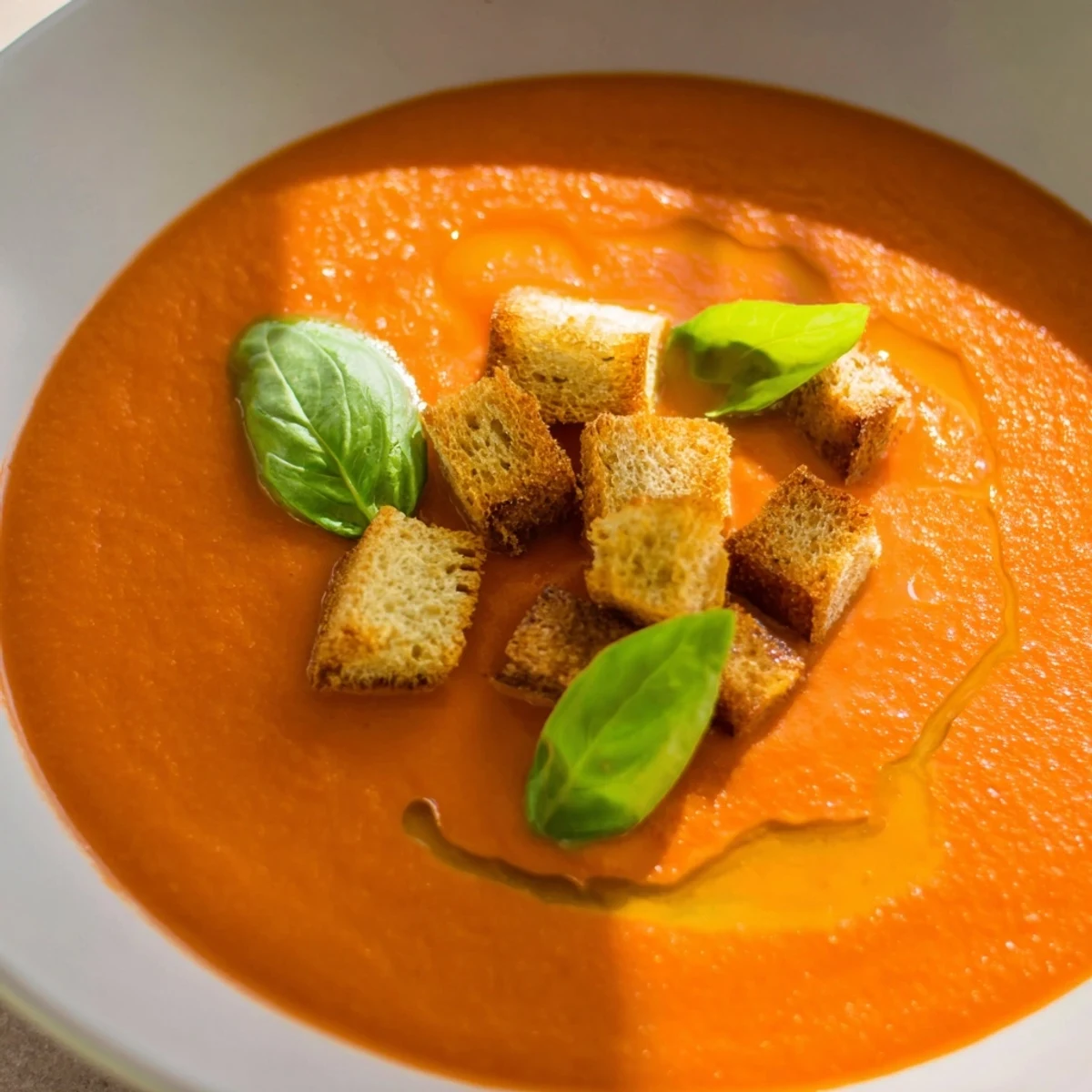Creamy tomato and basil soup with croutons served steaming hot in a rustic white bowl for comfort.
