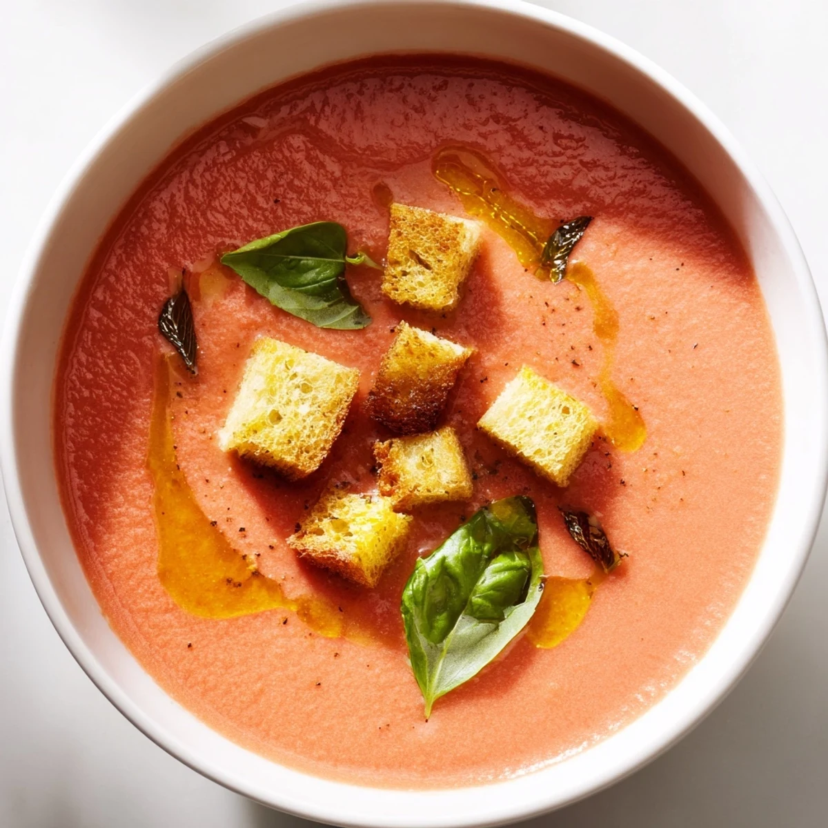 A bowl of creamy tomato and basil soup garnished with golden croutons and fresh basil, ready to serve.