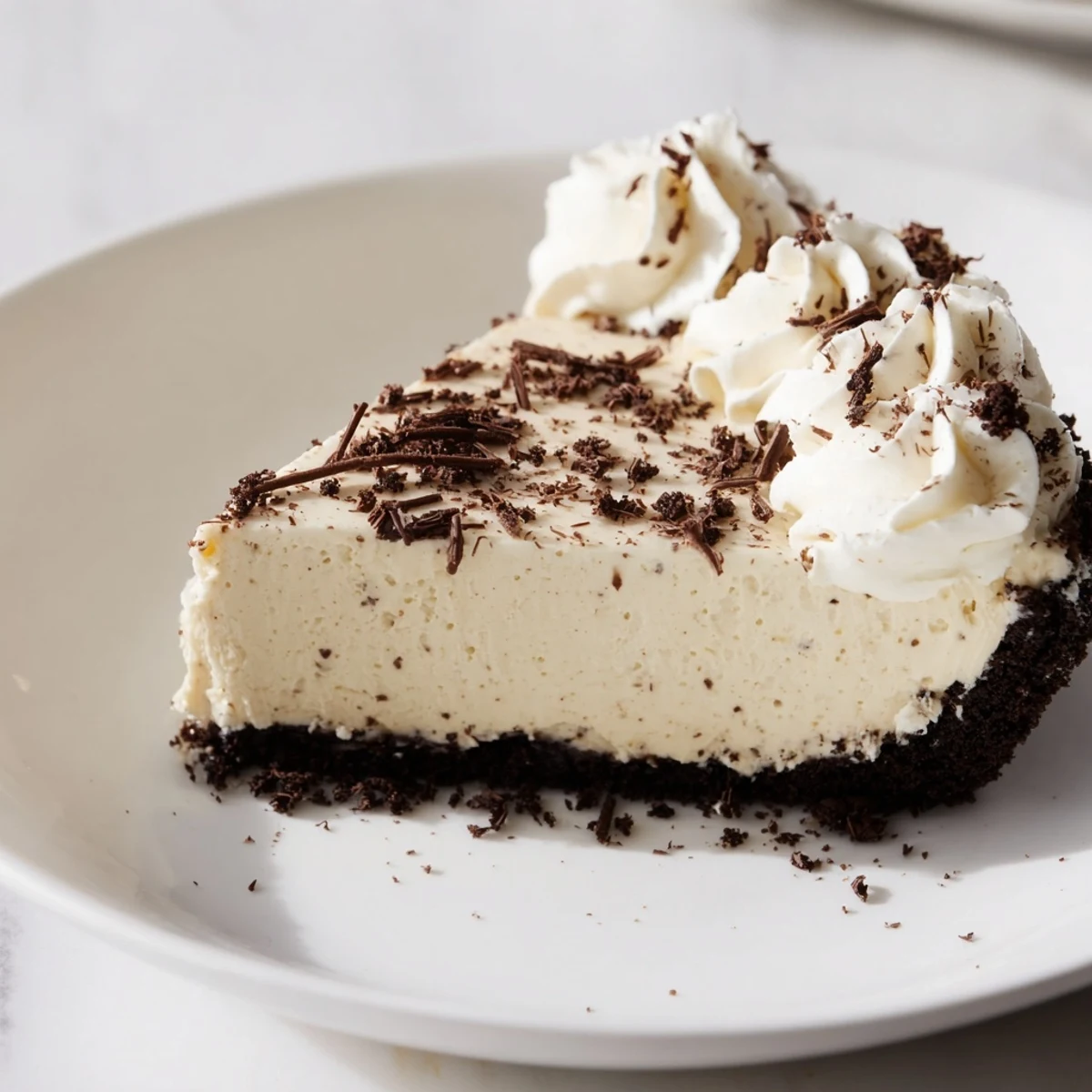 A slice of Irish Cream Cheesecake is served on a white plate, topped with a generous dollop of whipped cream and chocolate shavings.  
