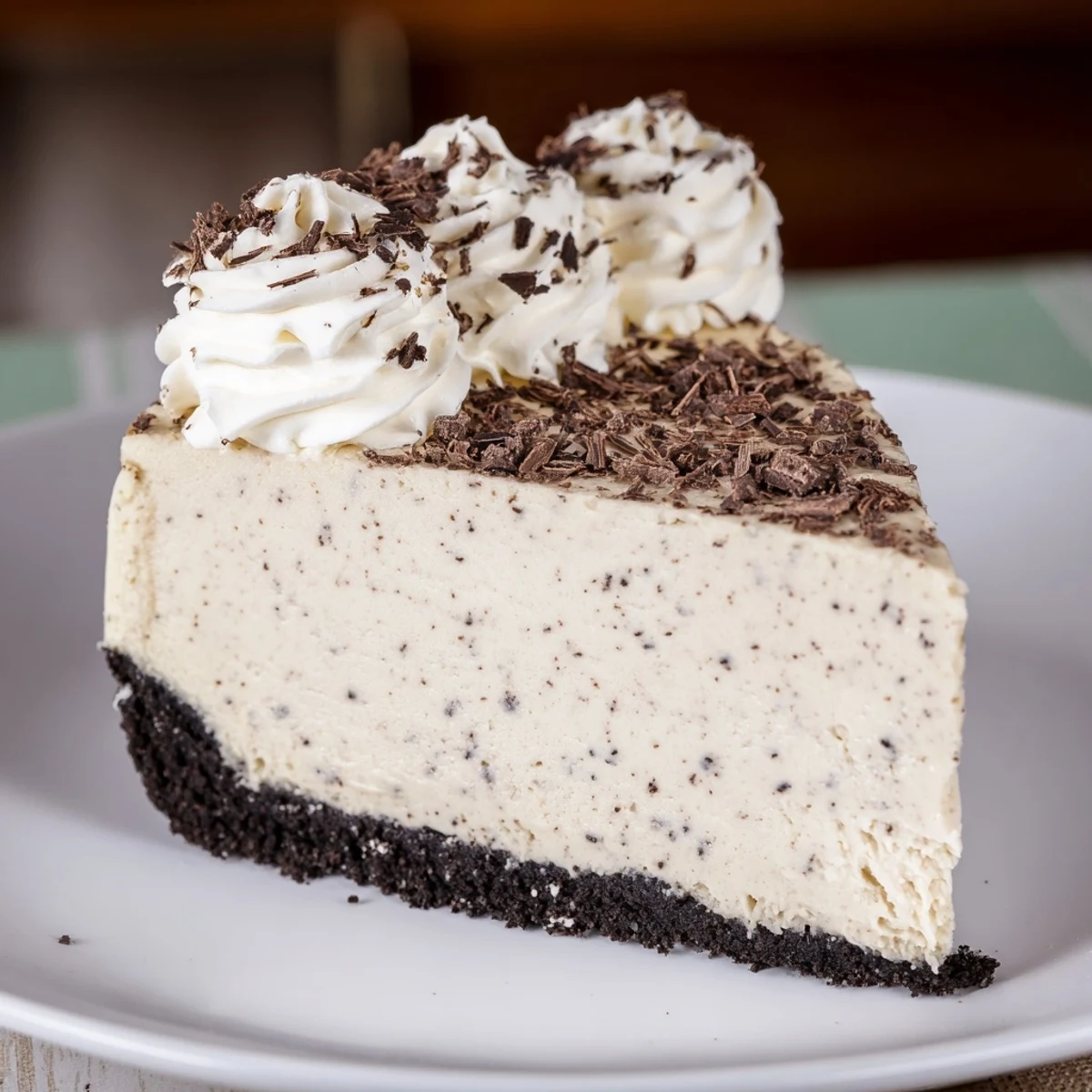 This elegant Irish Cream Cheesecake features a dark chocolate cookie crust and a smooth, creamy filling swirled with coffee notes.