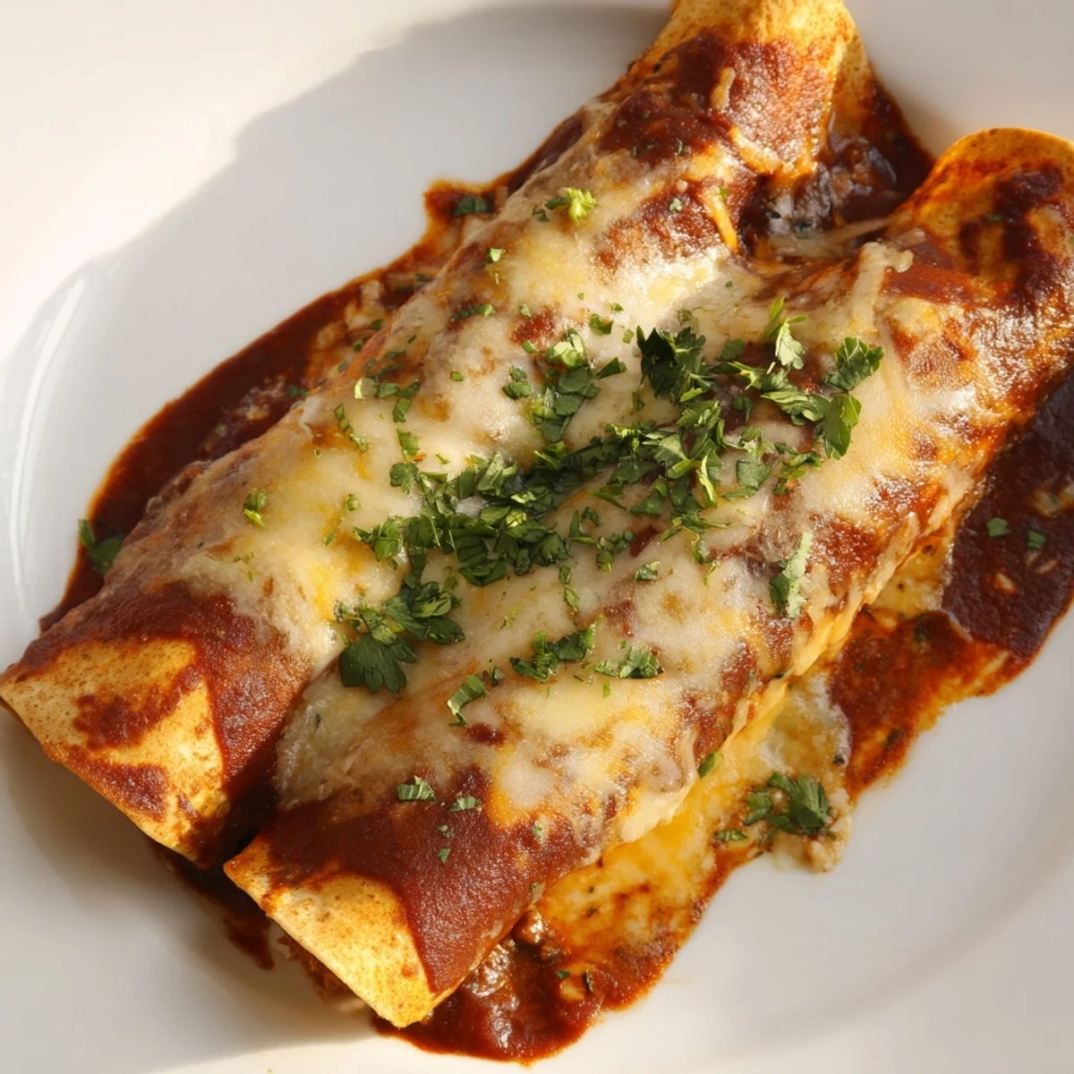 Golden-brown Beef Enchiladas with Homemade Red Sauce bubbling with melted cheese in a baking dish, garnished with fresh cilantro.  