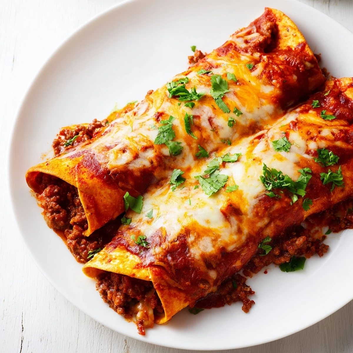 Serving suggestion for Beef Enchiladas with Homemade Red Sauce, featuring a rich red sauce and melted cheese topping.  