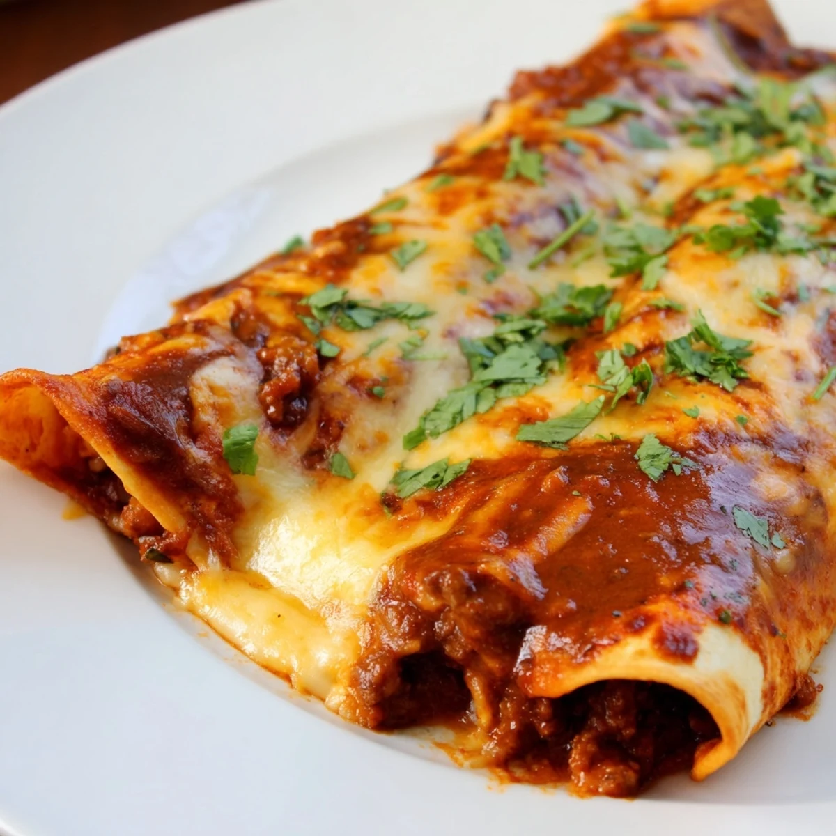 Close-up view of Beef Enchiladas with Homemade Red Sauce, showing tender ground beef filling inside soft corn tortillas.