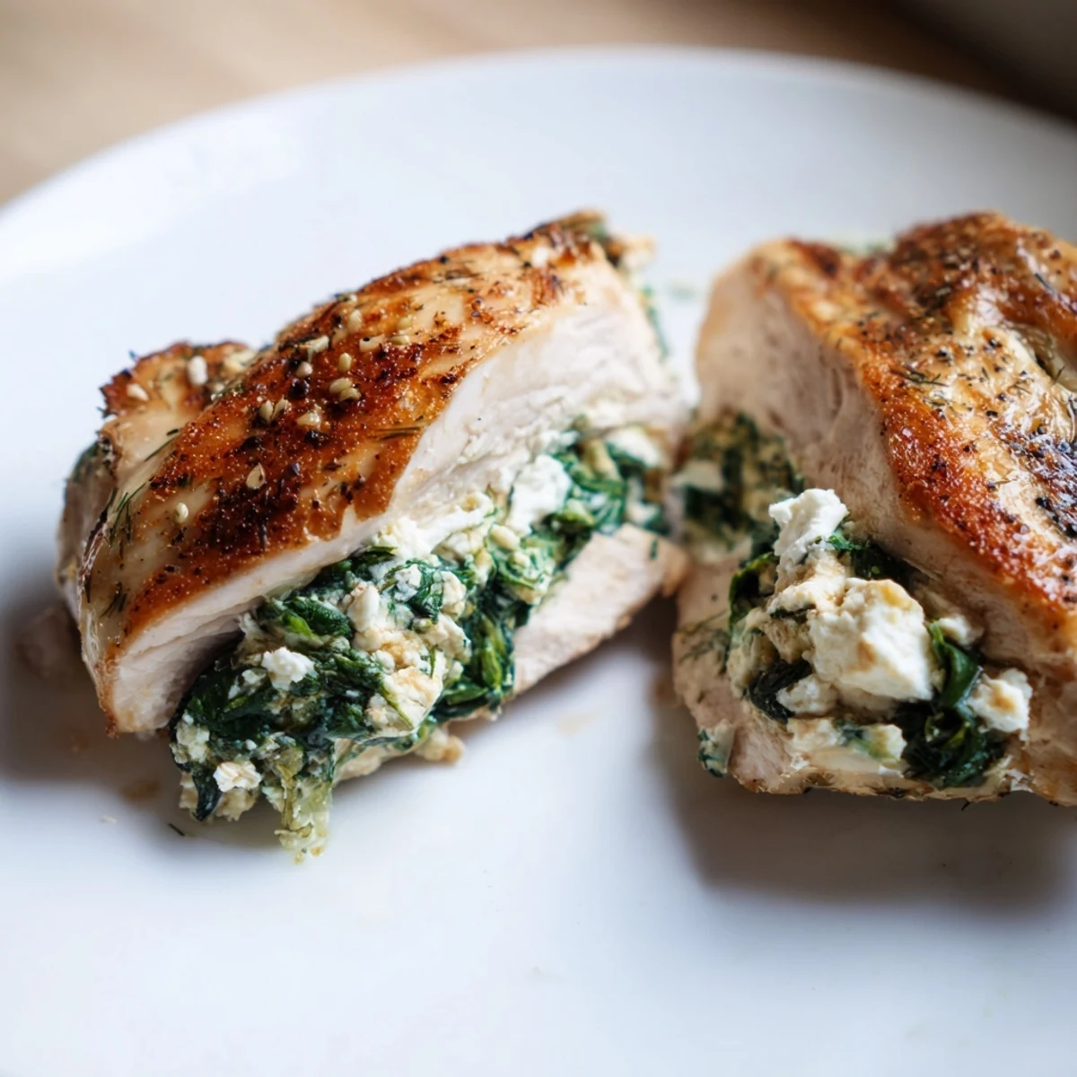 Tender, oven-baked chicken breasts sliced open to reveal the vibrant green spinach and creamy white feta filling inside.