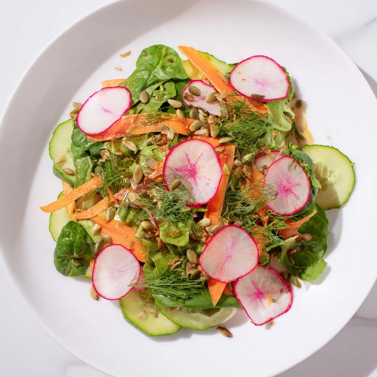 A vibrant Spring Garden Salad with Radishes and Cucumber sits in a rustic white bowl, showcasing crisp greens, pink radish slices, and cool cucumber ribbons tossed in a light vinaigrette.