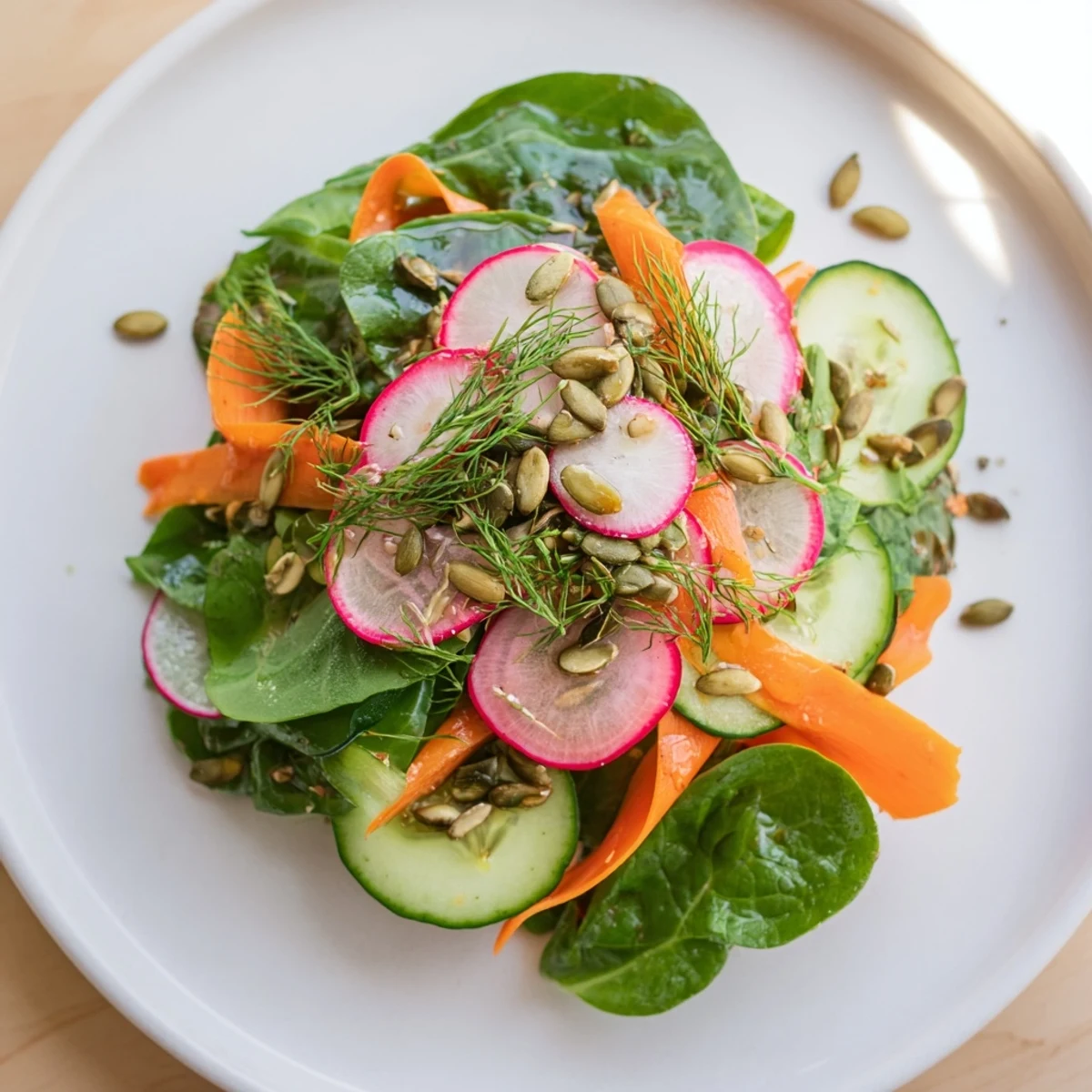 Brightly lit photo of a Spring Garden Salad with Radishes and Cucumber, featuring fresh dill and sunflower seeds atop a colorful bed of mixed spring greens and julienned carrots.