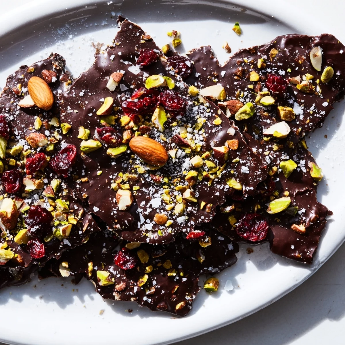 Crisp matzo crackers coated in rich, glossy dark chocolate and topped with toasted almonds and flaky sea salt.
