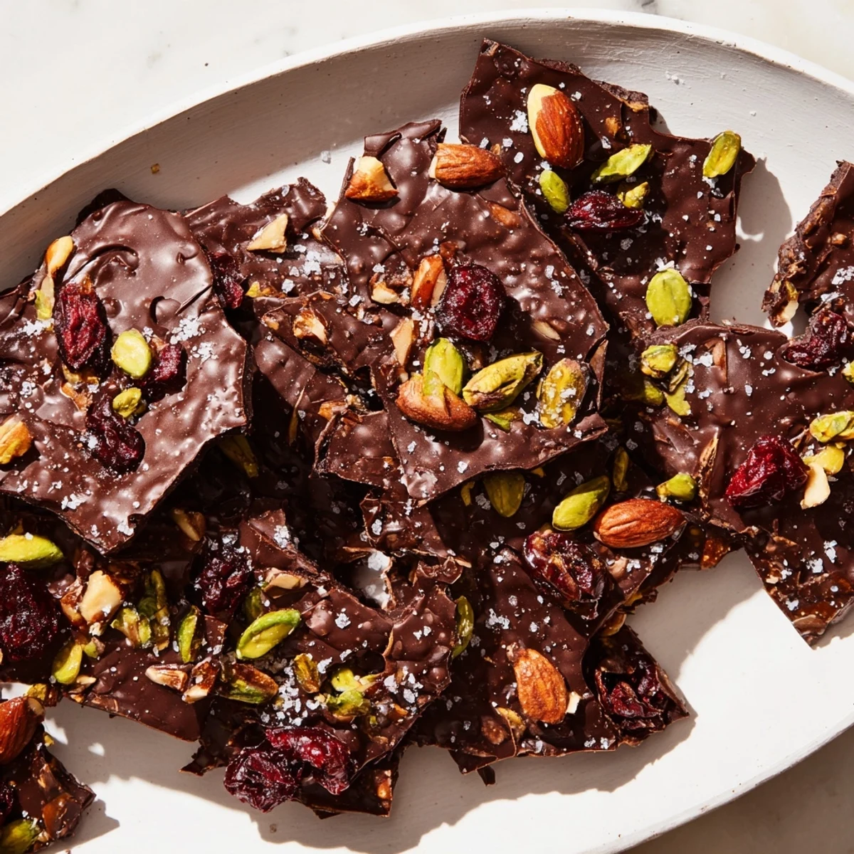 Homemade chocolate covered matzo crackers, garnished with crunchy pecans and dried cranberries, served on a cooling rack.
