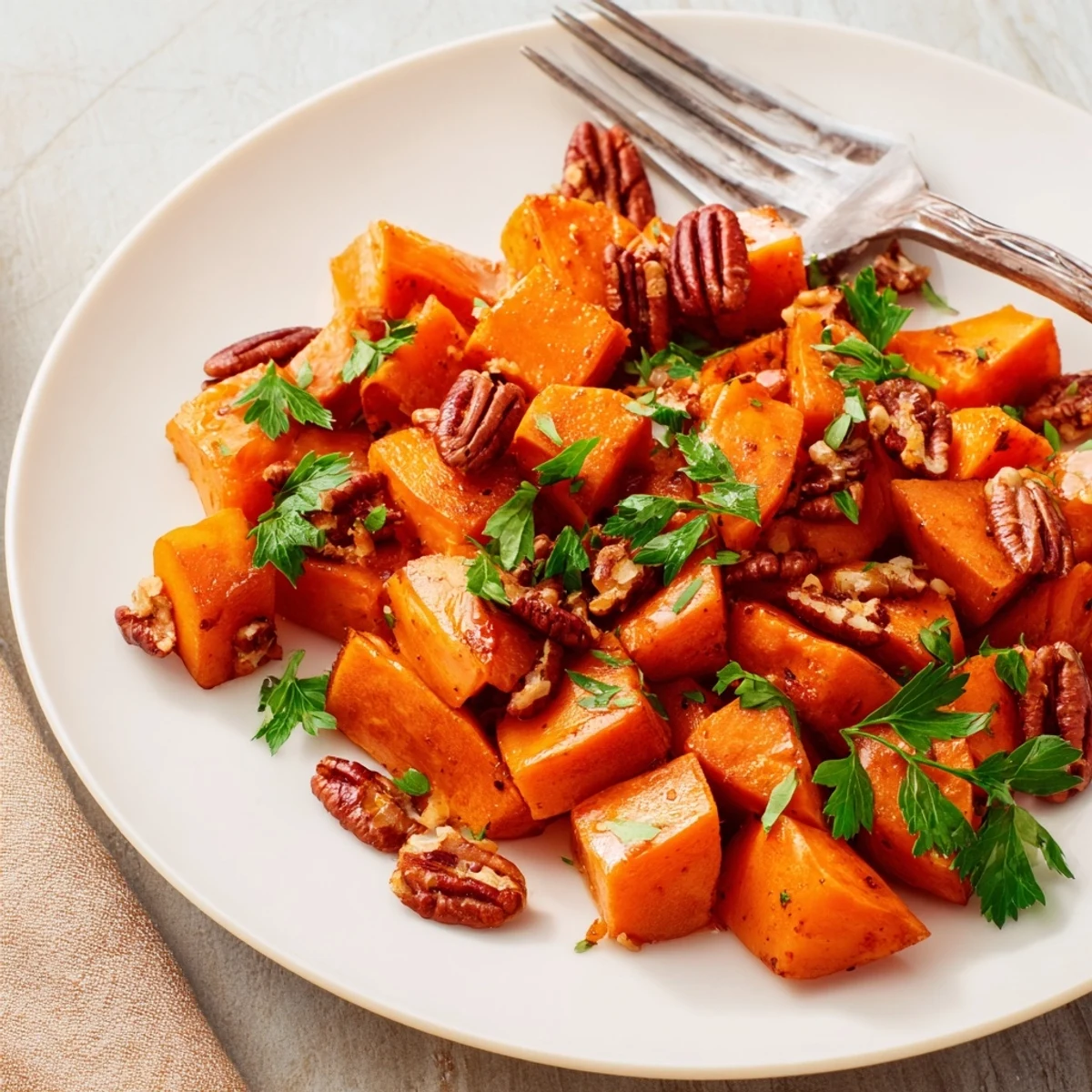 Golden roasted sweet potatoes glazed with maple syrup and topped with toasted pecans, served warm.