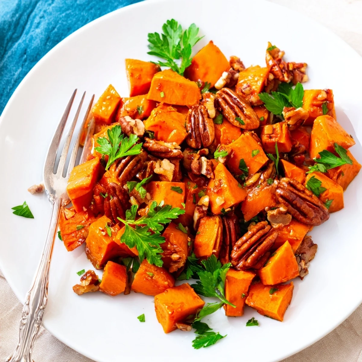 Sweet potato cubes with maple pecans roasting in the oven, caramelized edges and crunchy nuts.