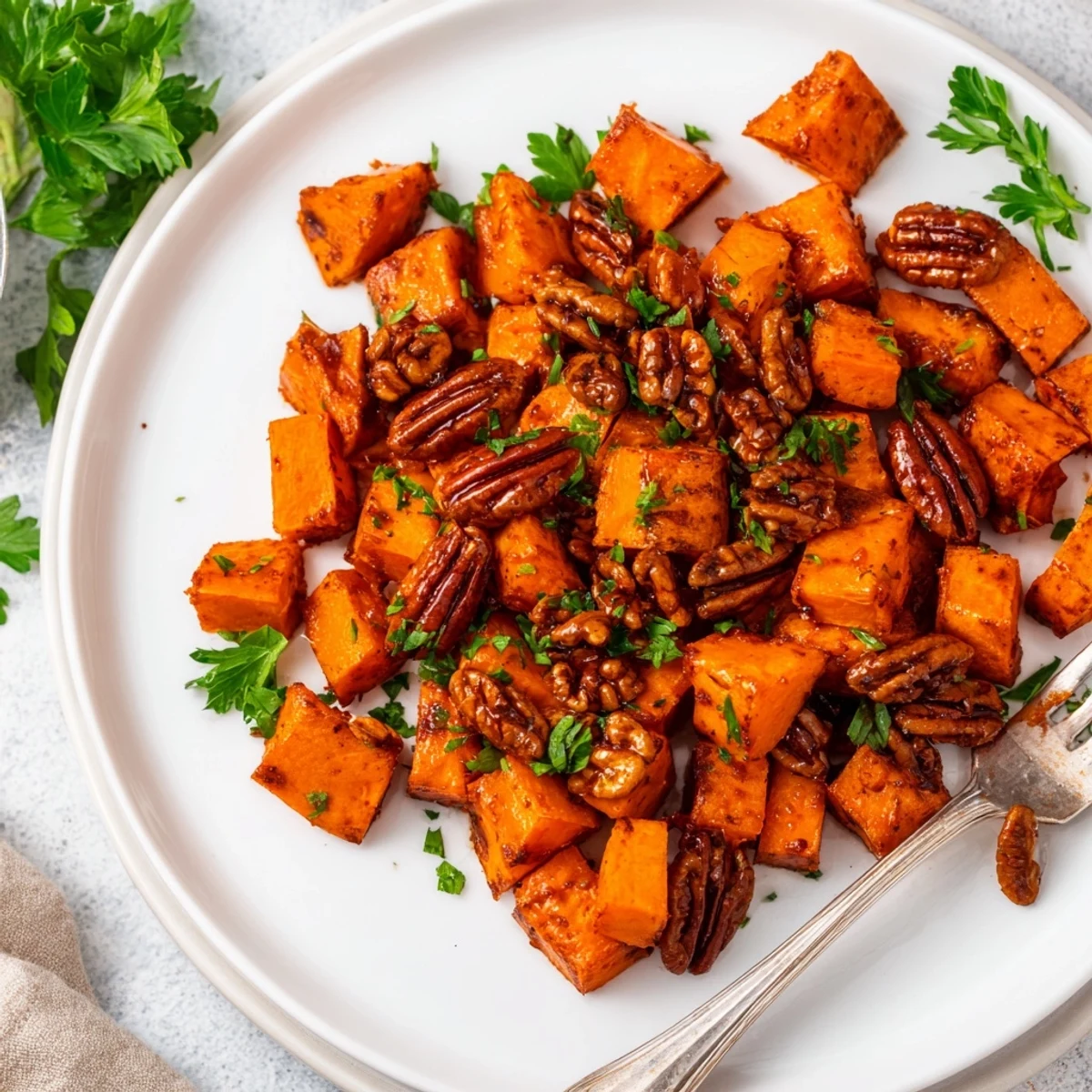 Roasted sweet potatoes drizzled with maple, garnished with parsley and pecans on a rustic platter.