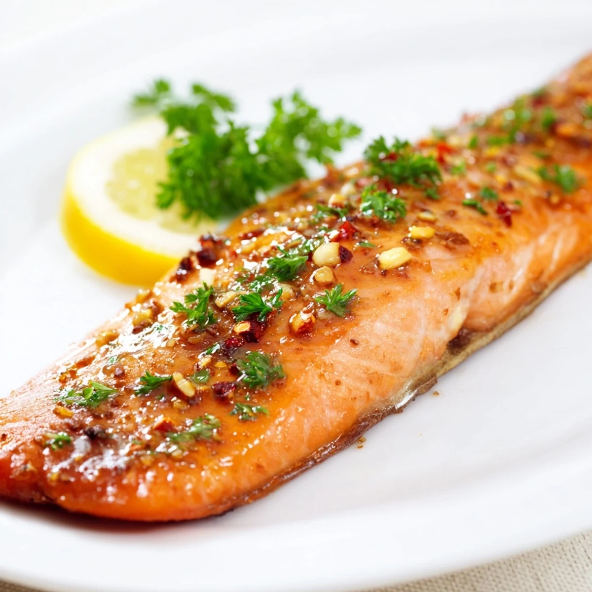 Perfect Baked Salmon with Honey Garlic Glaze sits on a plate beside lemon wedges.